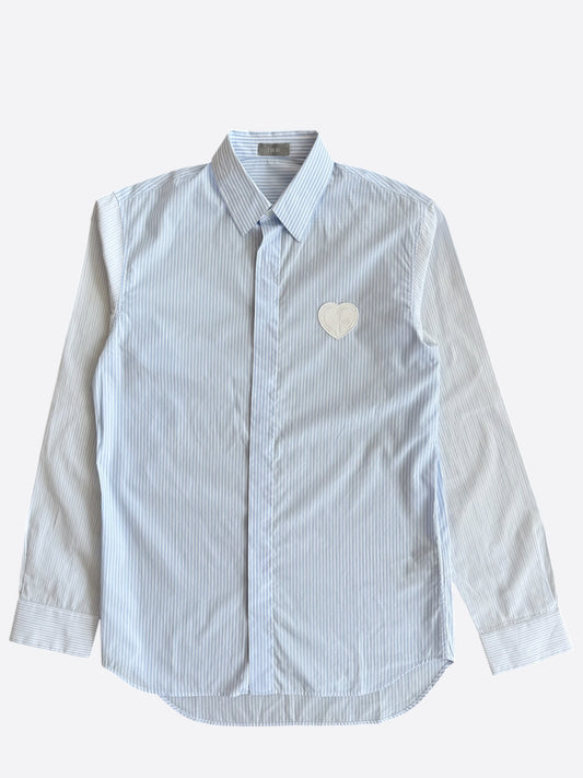 Dior Blue & White Striped CD Heart Patch Button Up Shirt