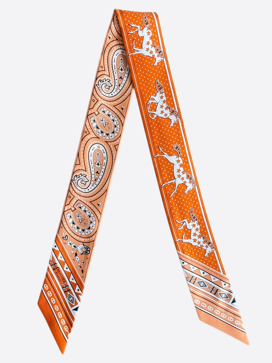 Hermes Orange & White Horse Paisley Twilly