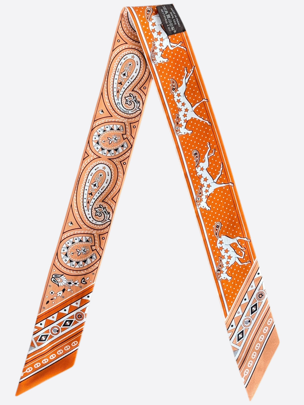 Hermes Orange & White Horse Paisley Twilly