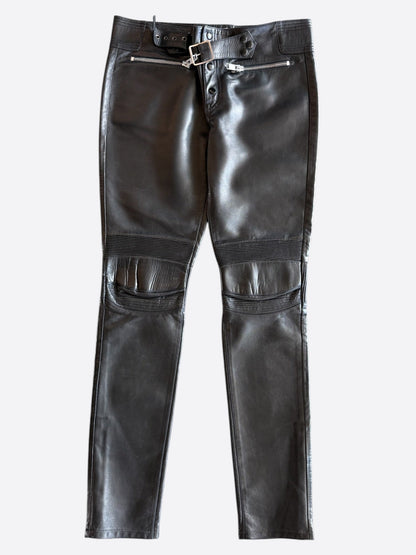 Saint Laurent Black Lambskin Moto Biker Pants