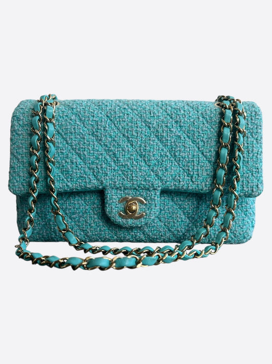 Chanel Turquoise Tweed Quilted Medium Flap Bag