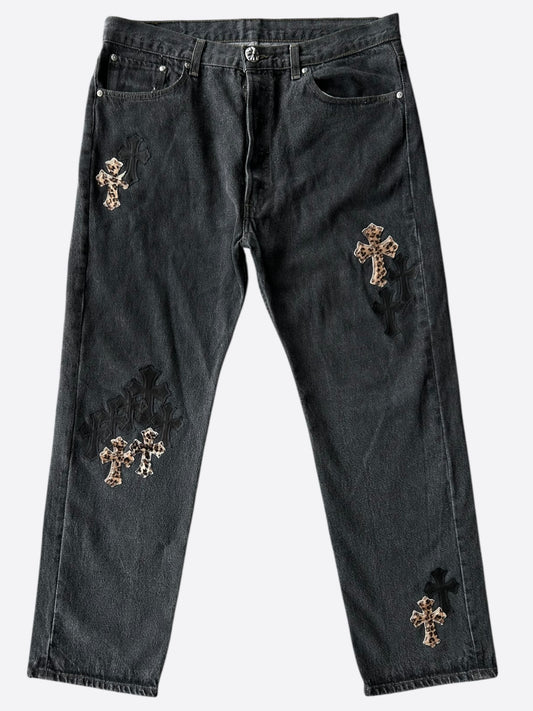 Chrome Hearts Black & Cheetah Cross Patch Jeans
