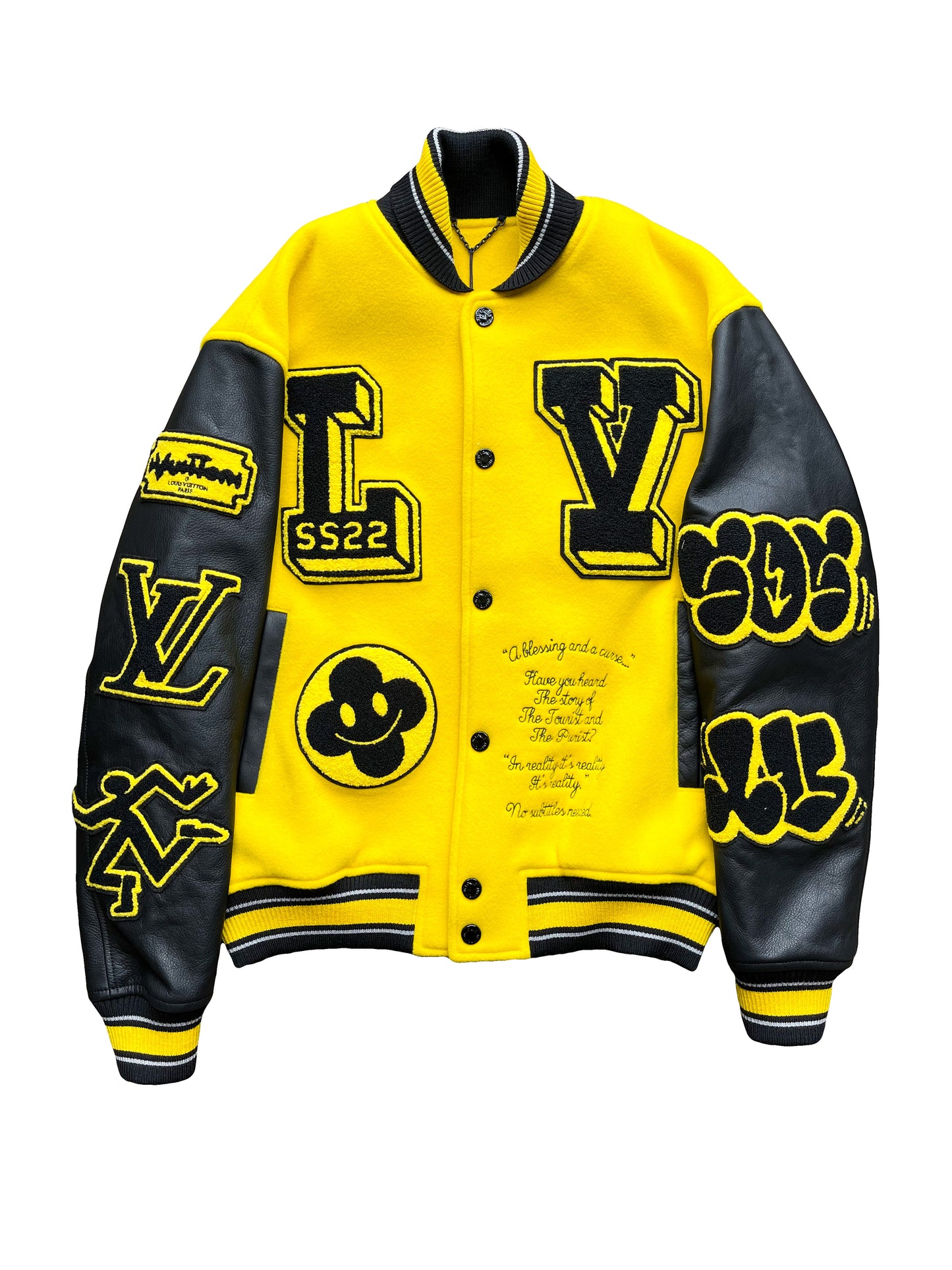 Louis Vuitton Black Leather Sleeves Yellow Varsity Jacket For Sale