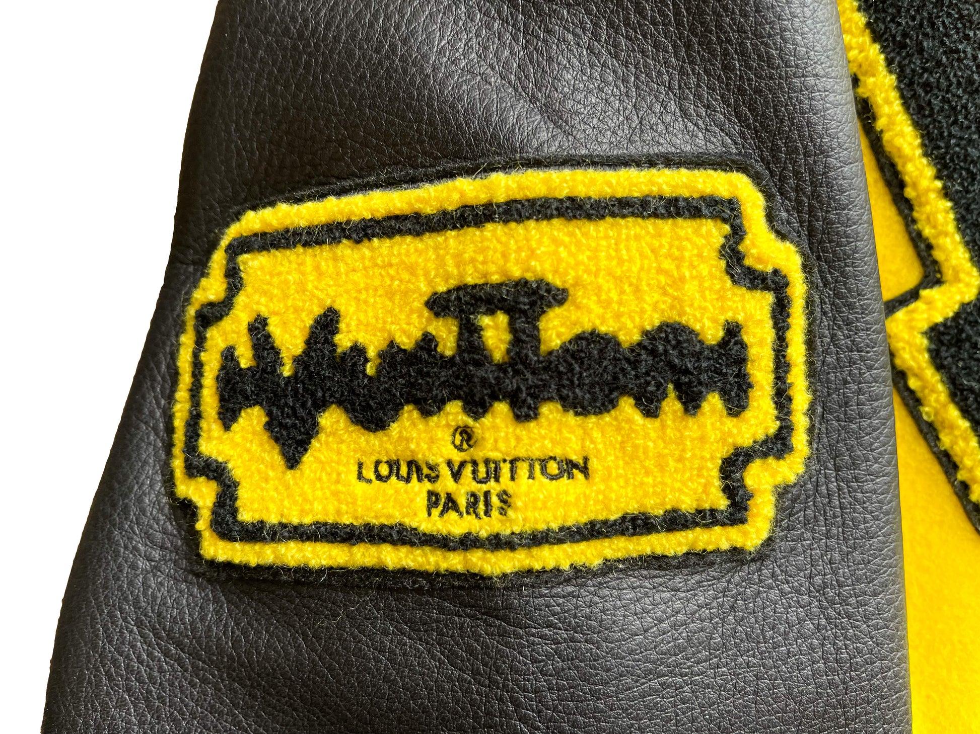 Louis Vuitton Black Leather Sleeves Yellow Varsity Jacket For Sale
