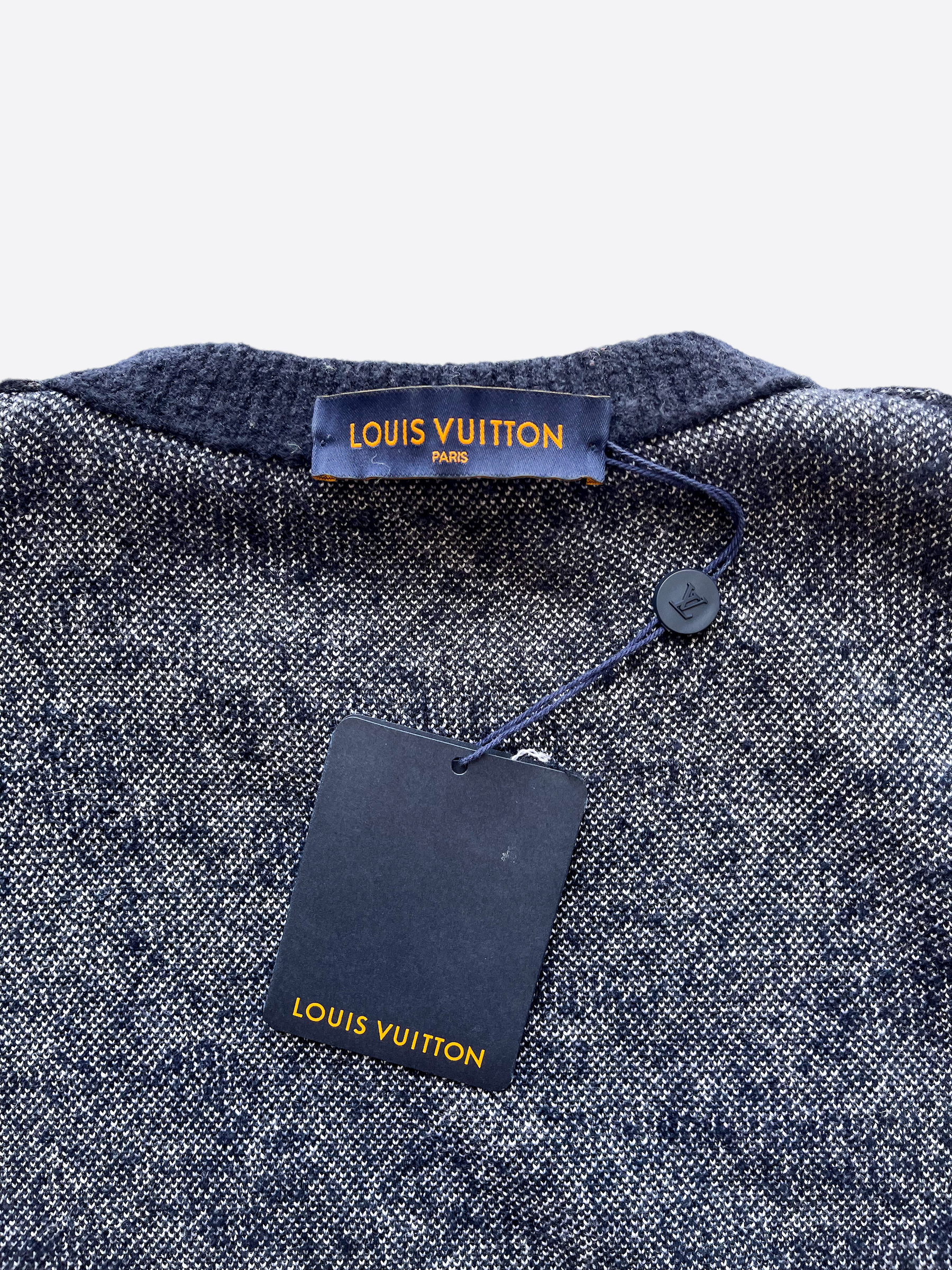 Louis Vuitton Distressed Flock Crewneck Monogram Sweater Mens XL Navy Blue