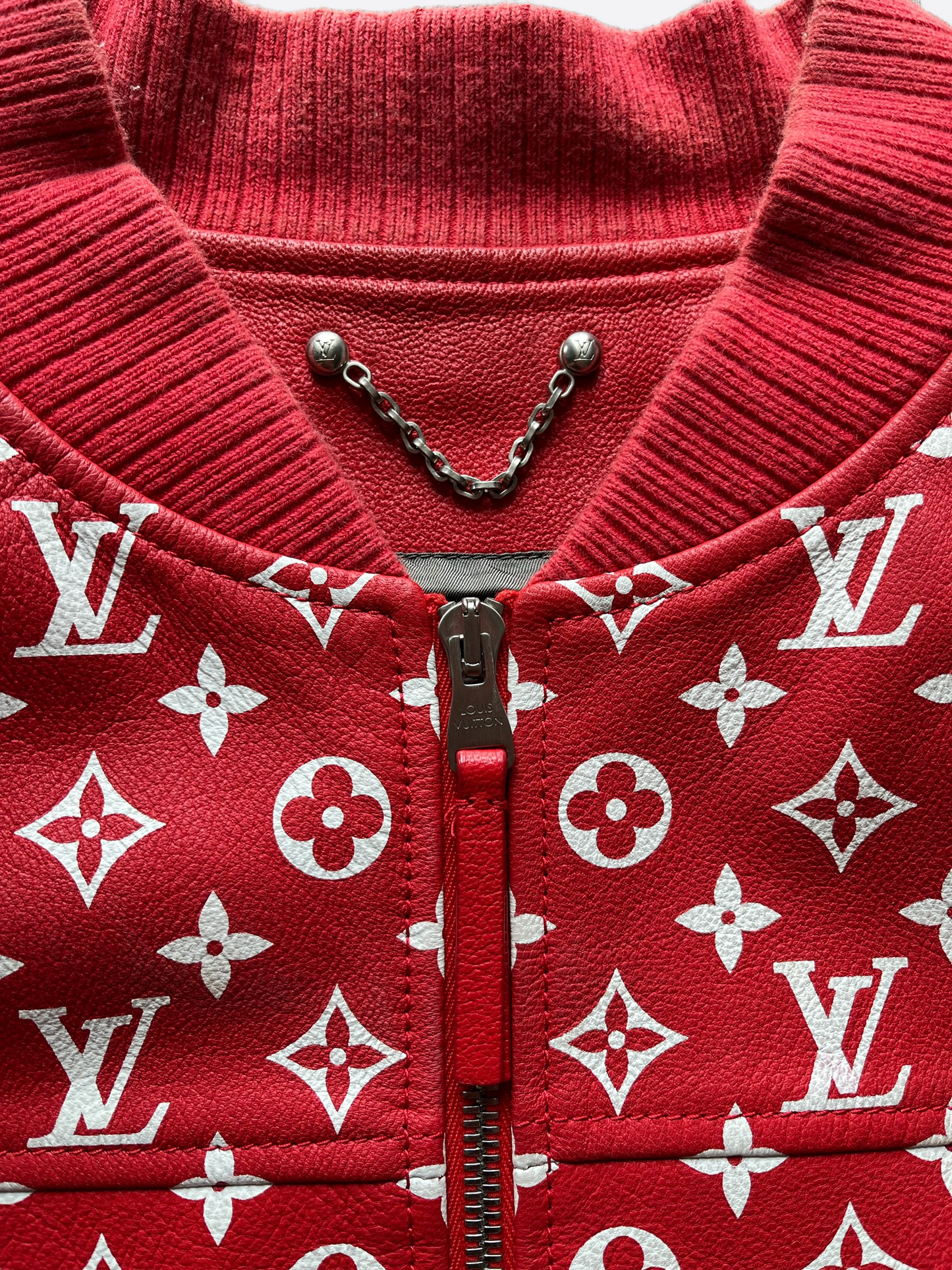 Supreme Louis Vuitton Monogram Logo Torn Ripped Red Bomber Jacket
