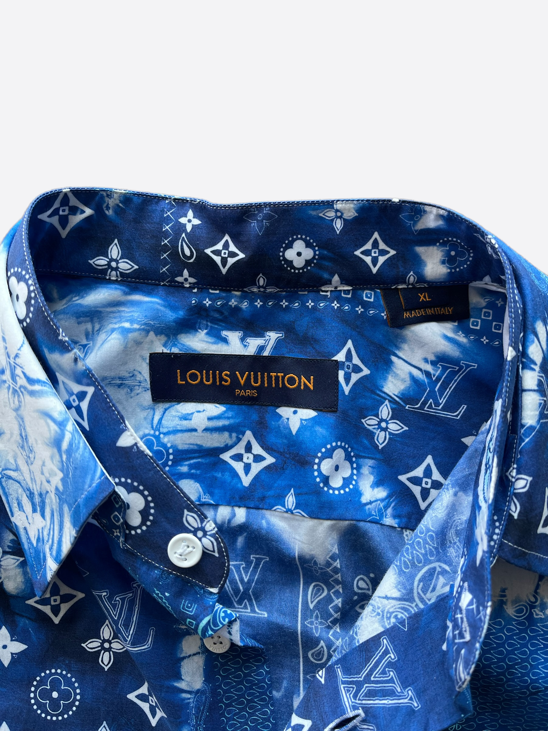 Louis Vuitton Men's XL Monogram Bandana Blue Button Down Short Sleeve Shirt