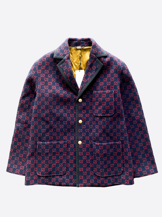 Gucci Navy GG Monogram Wool Overcoat