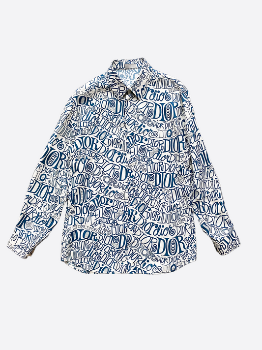 Dior White & Blue Stussy All Over Print Button Up Shirt