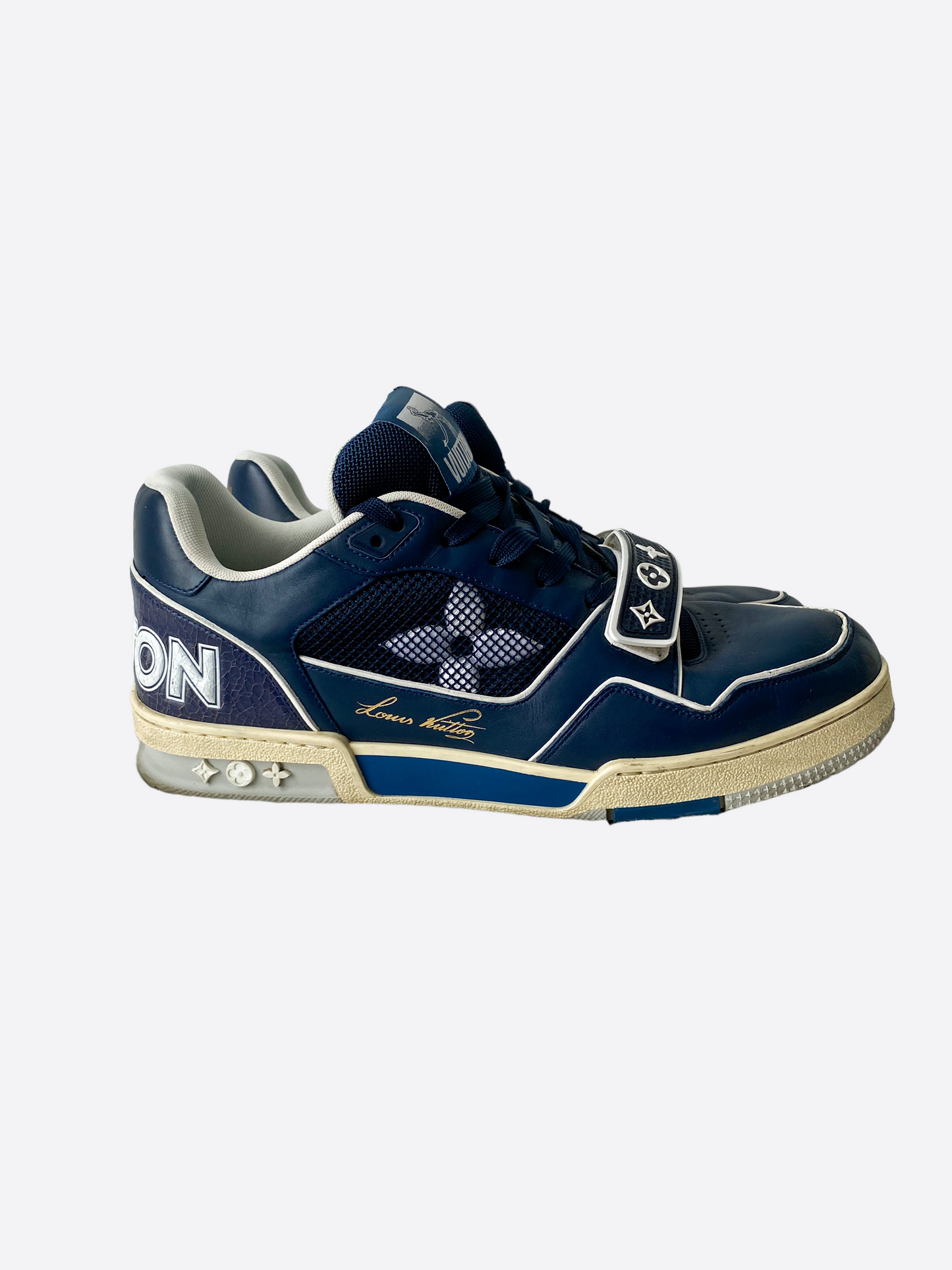 LOUIS VUITTON LV TRAINER SNEAKERS IN WHITE AND NAVY BLUE