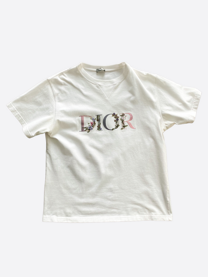 Dior White Floral Logo Embroidered Tee