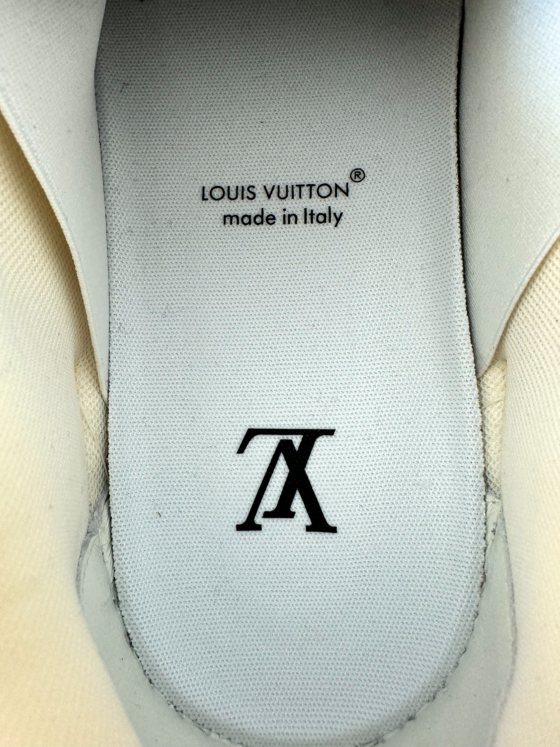 LOUIS VUITTON TRAINER MAXI LOW-TOP SNEAKERS IN WHITE AND ORANGE