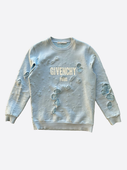 Givenchy Baby Blue Distressed Logo Sweater