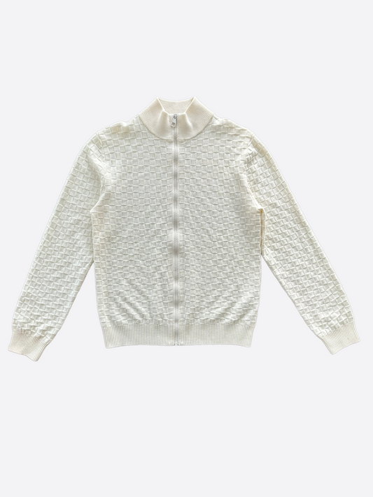 Louis Vuitton White Damier Zip Up Wool Cardigan