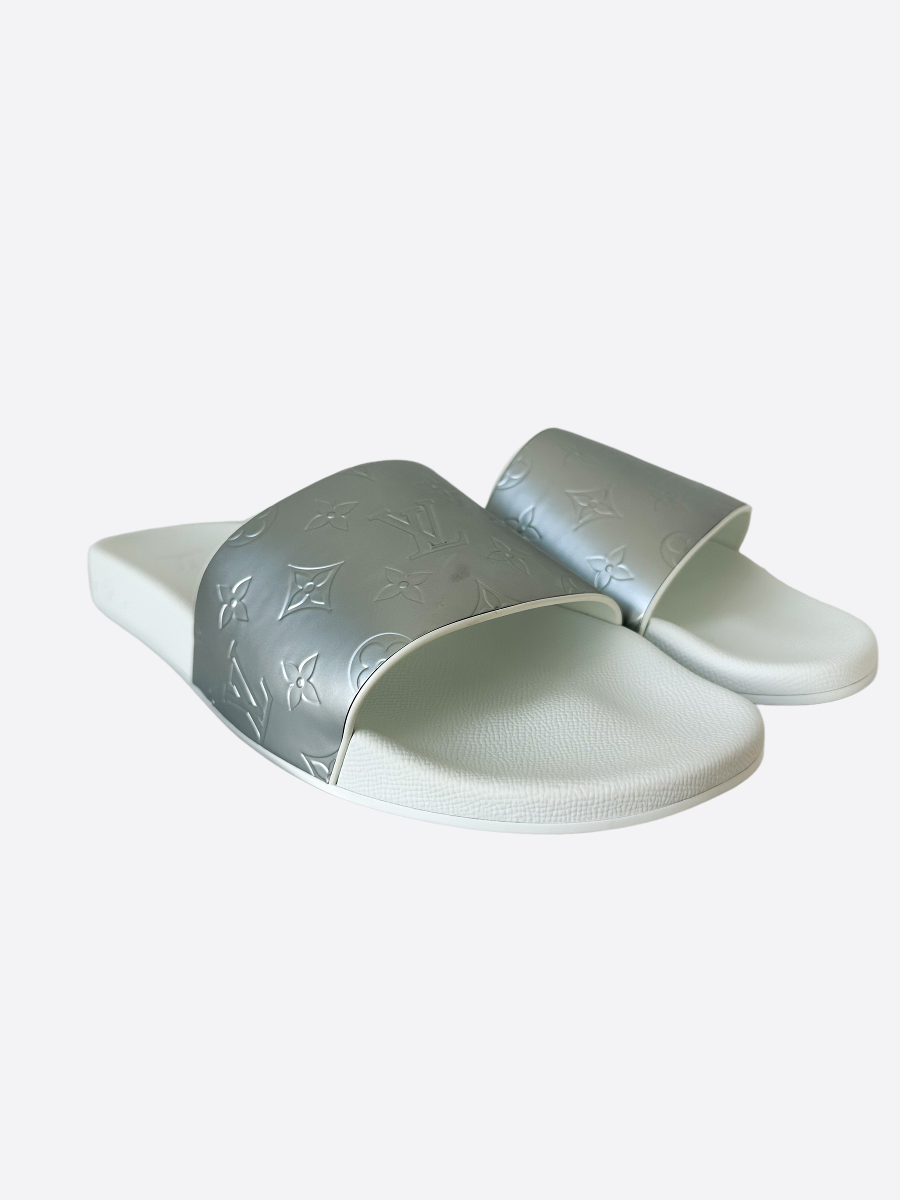 Louis Vuitton White & Silver Monogram Slides – Savonches