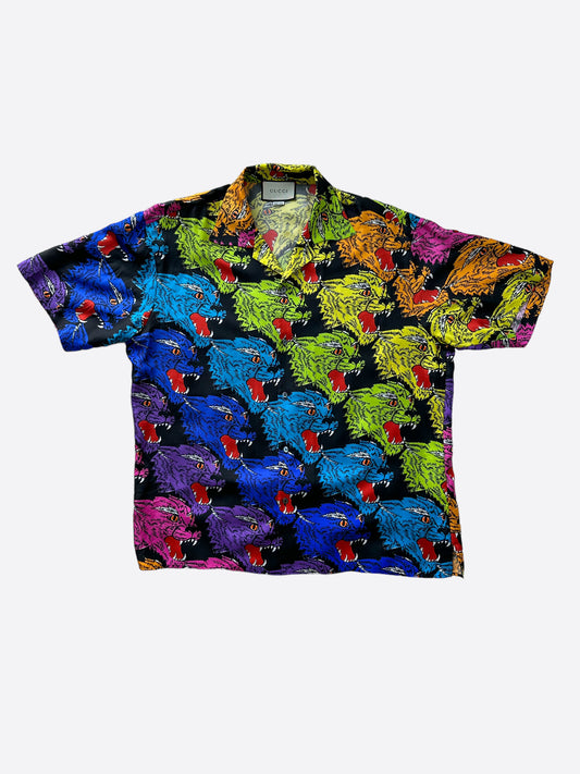 Gucci Rainbow Tiger Silk Button Up Shirt