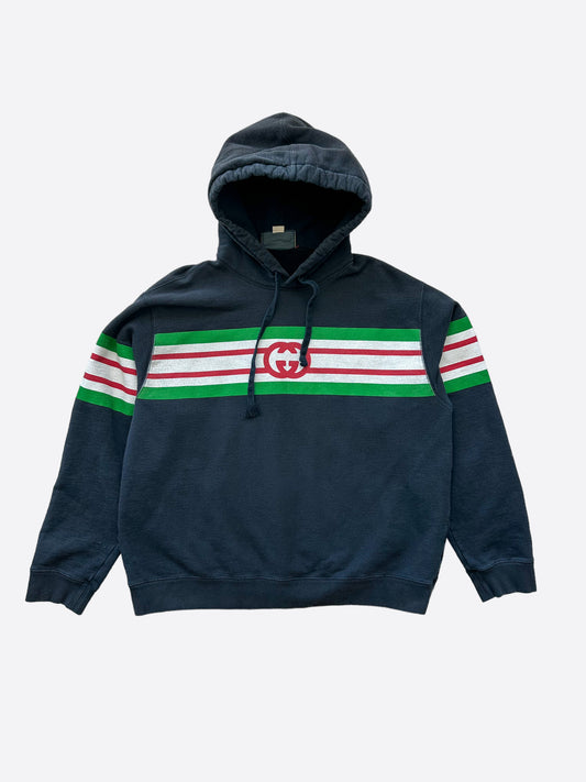 Gucci Black Striped Interlocking GG Logo Hoodie