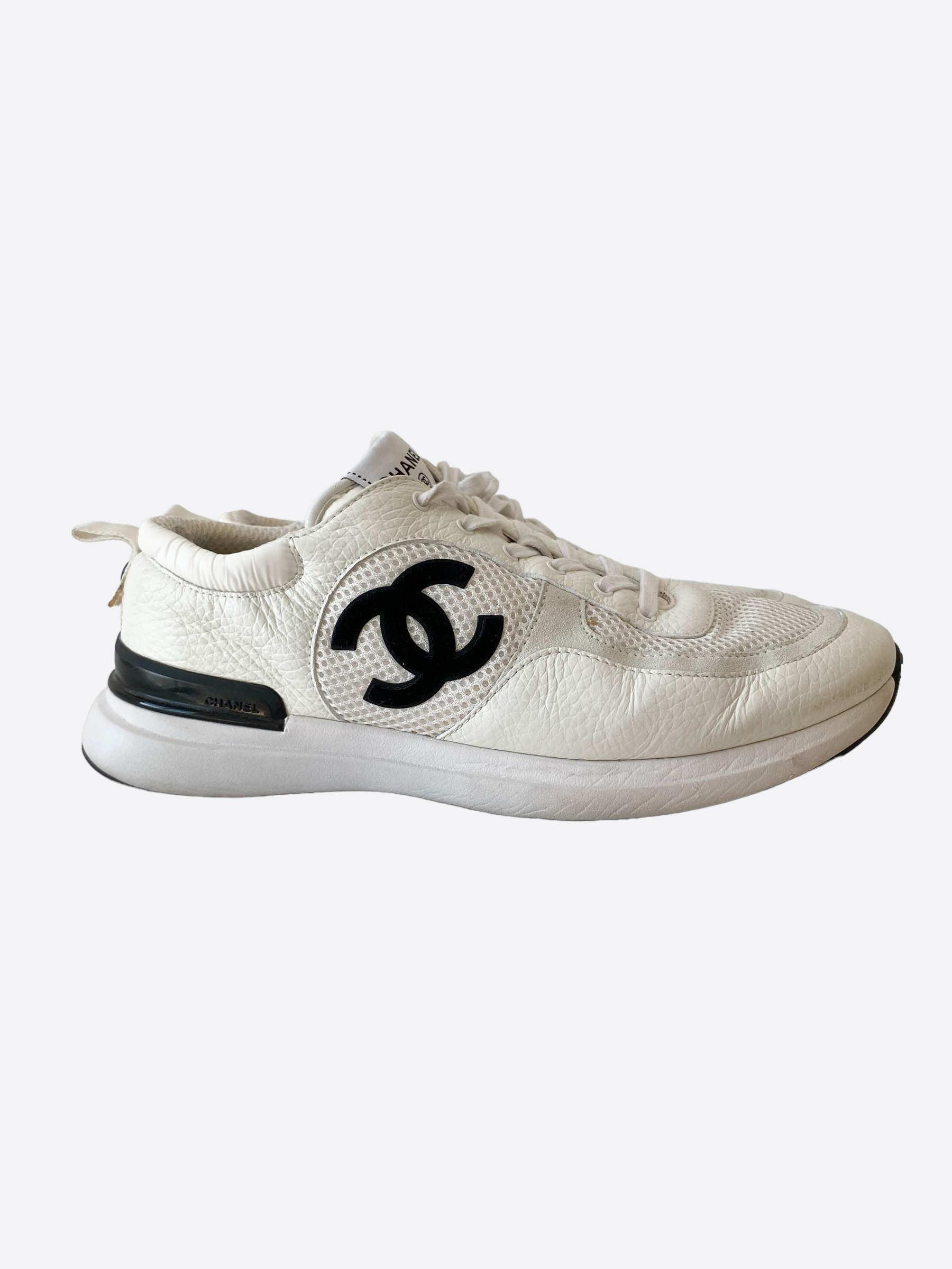 Chanel Black Leather Mesh Sneakers Tennis Trainers 35 White