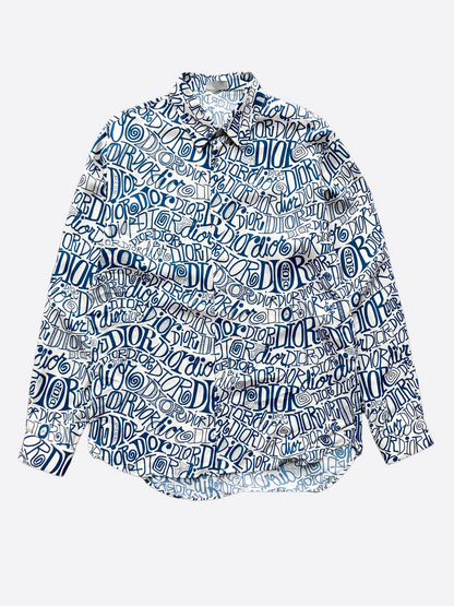 Dior White & Blue Stussy All Over Print Button Up Shirt