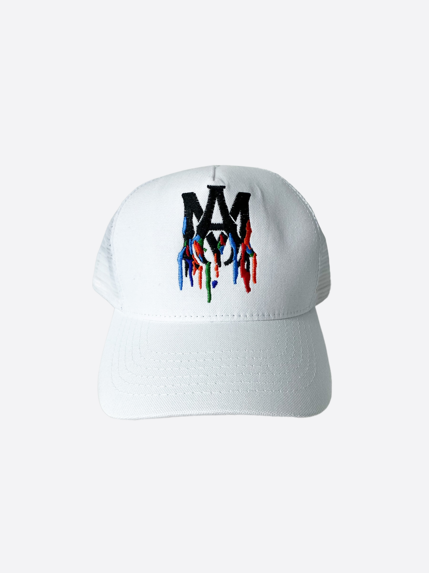 Amiri White MA Logo Paint Drip Trucker Hat