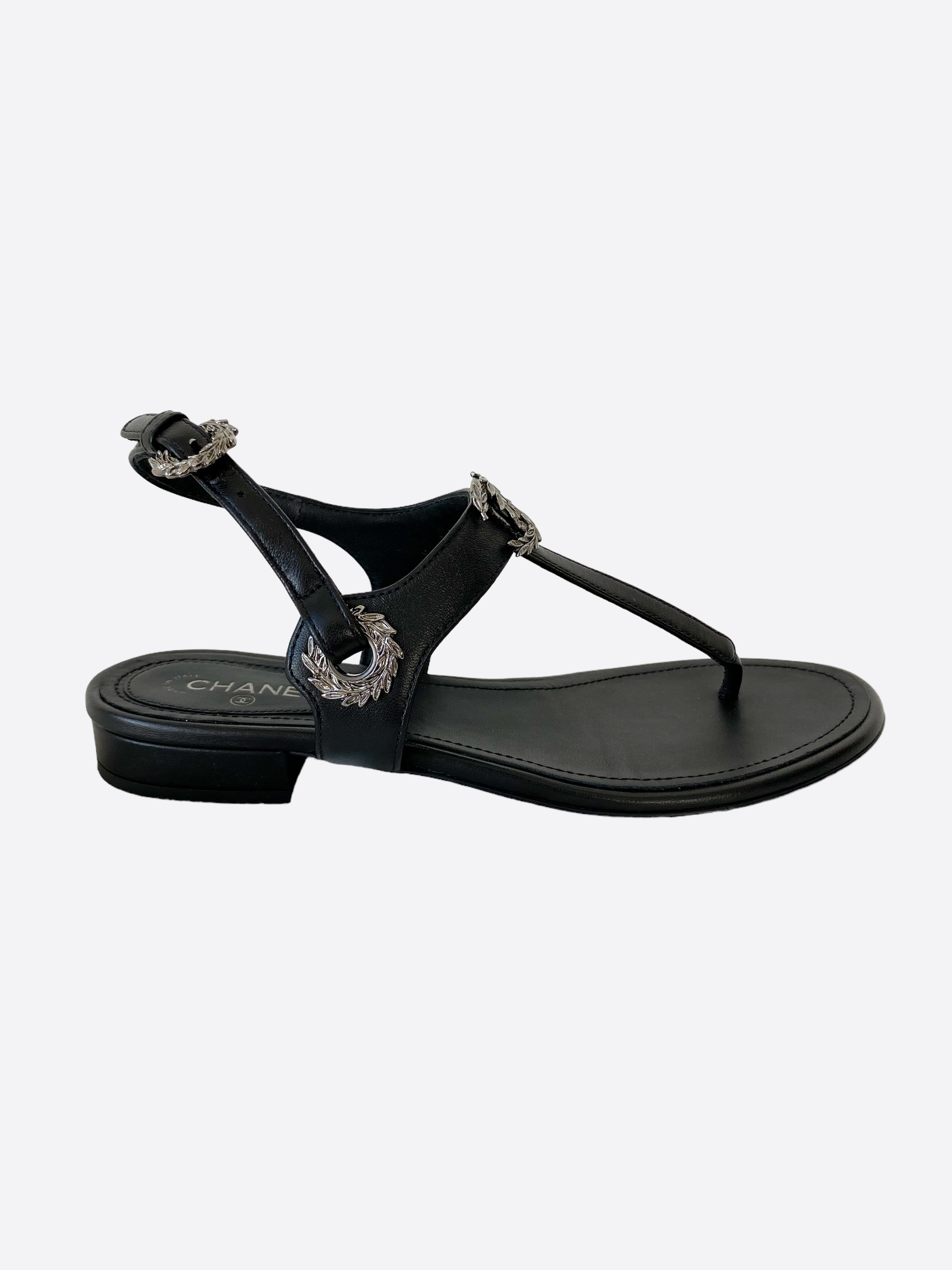 Chanel Black Leather Quilted Chain CC Logo Mule Slide Strap Flat Dad Sandal  39