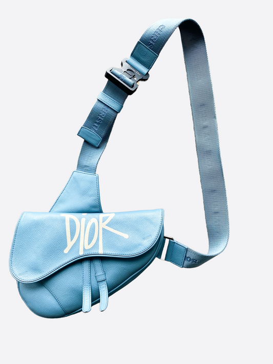 Dior Shawn Stussy Blue Logo Calfskin Saddle Bag