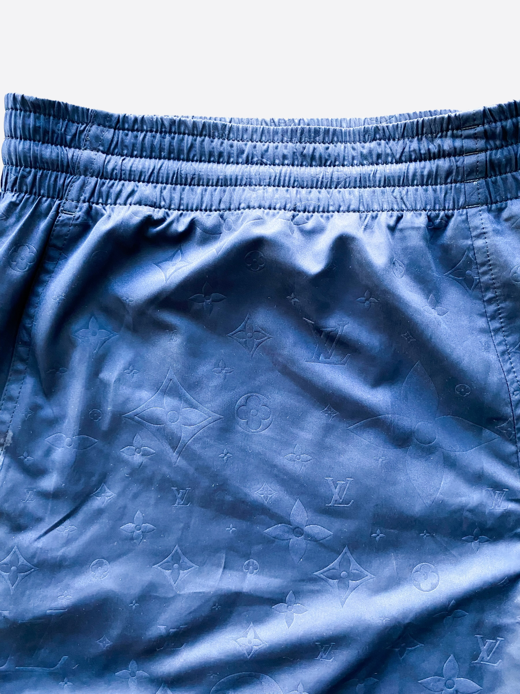 Louis Vuitton Flocked Monogram Denim Mini Shorts, Navy, 34