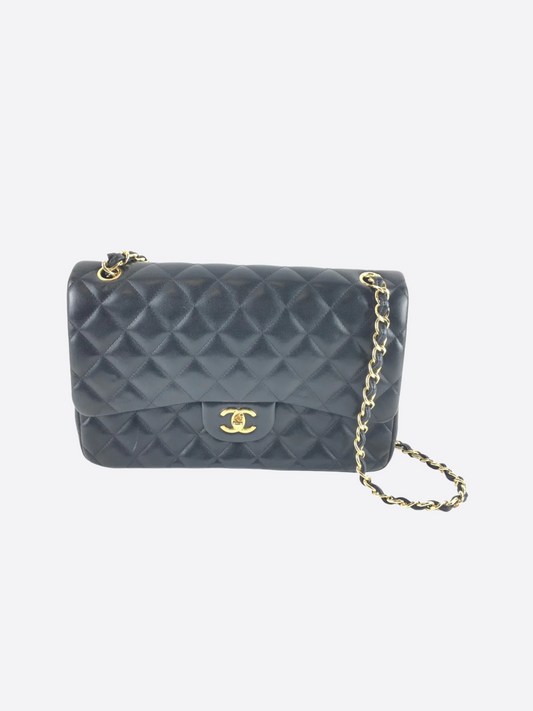 Chanel Black Lambskin Double Flap Jumbo Shoulder Bag