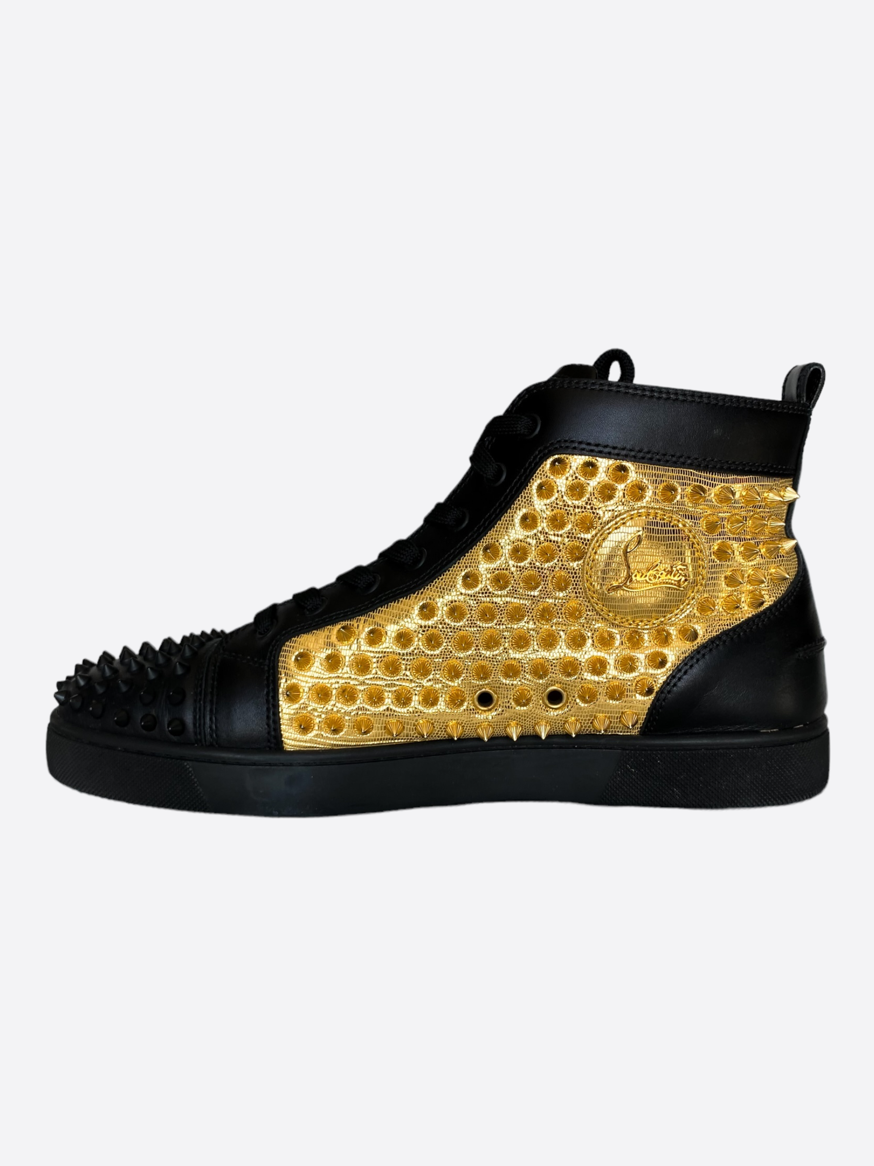 Christian Louboutin Black/Gold Leather And Holographic Fabric Lou Spikes  Embellished High Top Sneakers Size 41 Christian Louboutin | The Luxury  Closet