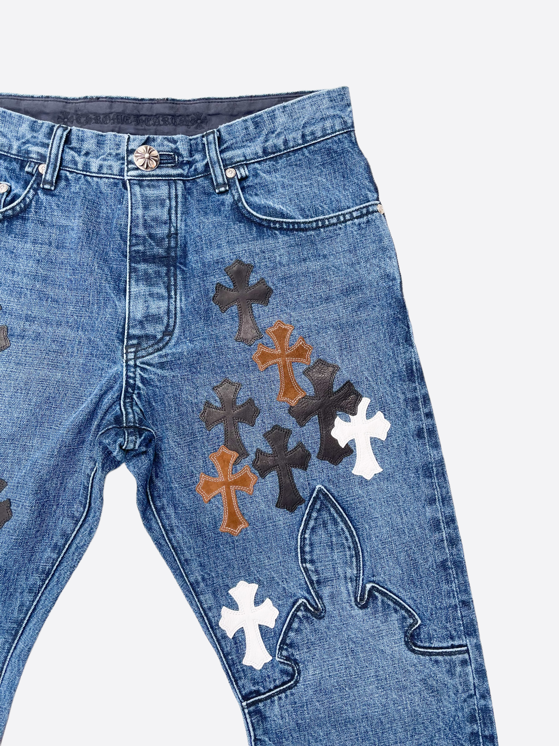 Checkered Cross Patch Fleur-Knee Jeans w/ 34 Cross Patches