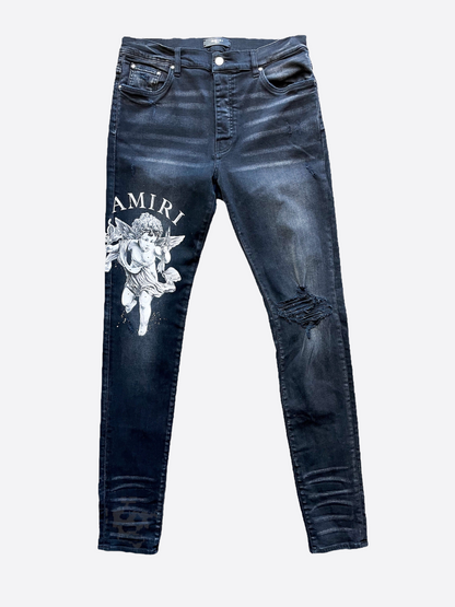 Amiri Cherub Logo Distressed Denim